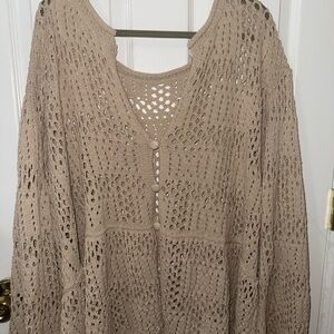 BloomChic Open-Knit Button Front Top in Taupe